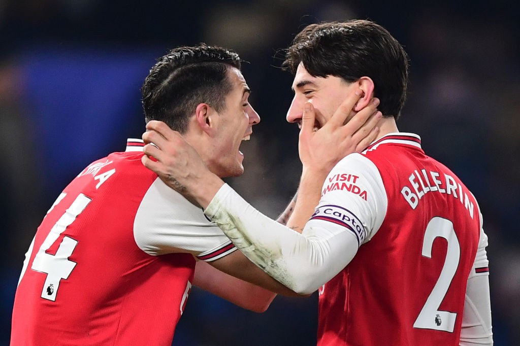 LONDON, ENGLAND - JANUARY 21: Granit Xhaka and Hector Bellerin of Arsenal react after the Premier League match between Chelsea FC and Arsenal FC at Stamford Bridge on January 21, 2020, in London, United Kingdom. (Photo by Shaun Botterill/Getty Images)