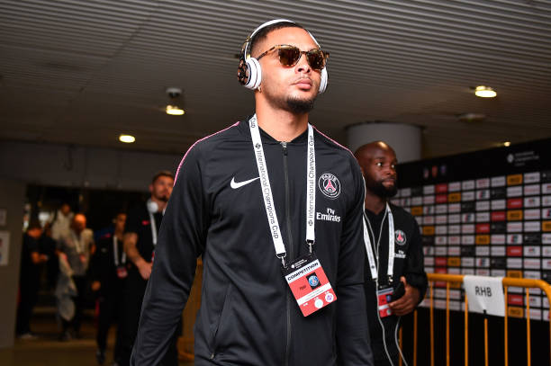 SINGAPORE - JULY 28: Layvin Kurzawa #20 of Paris Saint Germain walks during the International Champions Cup match between Arsenal and Paris Saint Germain at the National Stadium on July 28, 2018 in Singapore. (Photo by Thananuwat Srirasant/Getty Images for ICC)