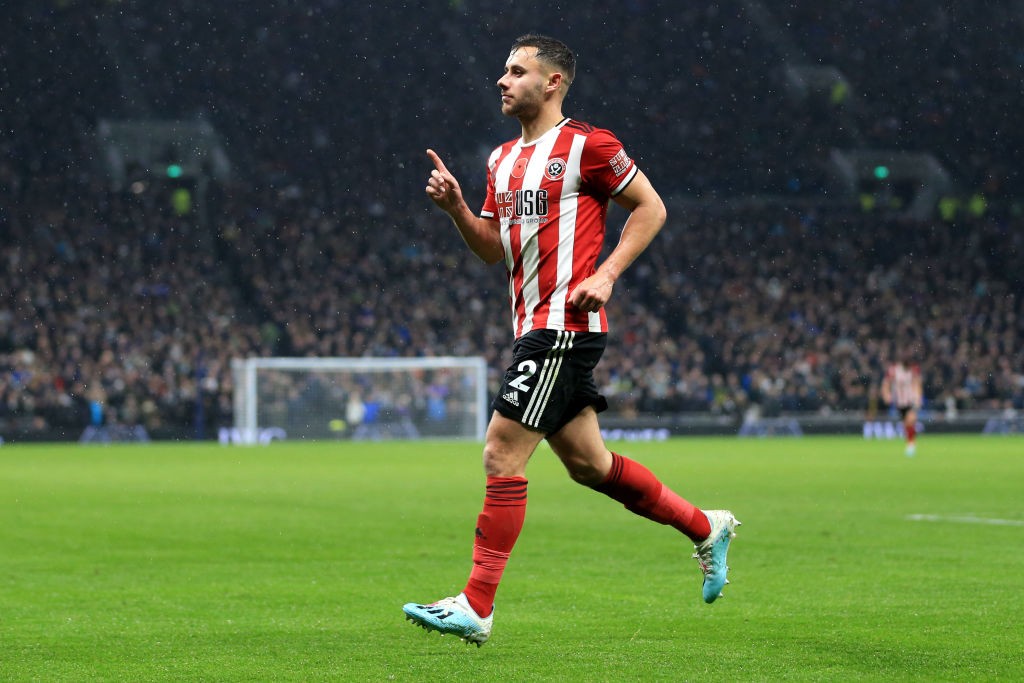 LONDON, ENGLAND - NOVEMBER 09: George Baldock of Sheffield United celebrates after scoring his team's first goal during the Premier League match between Tottenham Hotspur and Sheffield United at Tottenham Hotspur Stadium on November 09, 2019, in London, United Kingdom. (Photo by Stephen Pond/Getty Images)