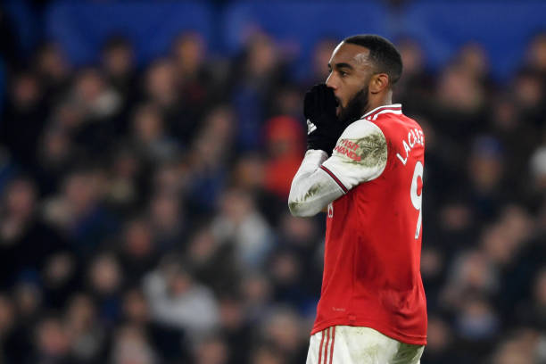 LONDON, ENGLAND - JANUARY 21: Alexandre Lacazette of Arsenal reacts after his goal his ruled as offside during the Premier League match between Chelsea FC and Arsenal FC at Stamford Bridge on January 21, 2020 in London, United Kingdom. (Photo by Mike Hewitt/Getty Images)