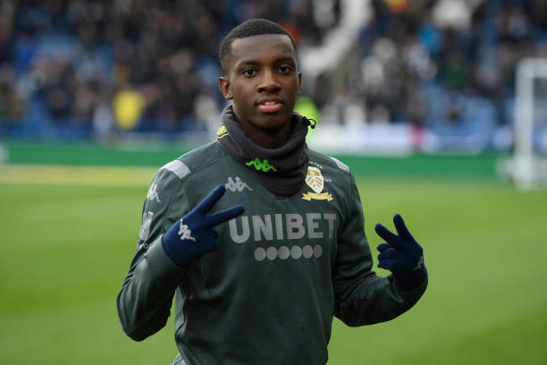 HUDDERSFIELD, ENGLAND - DECEMBER 07: Eddie Nketiah of Leeds United reacts ahead of the Sky Bet Championship match between Huddersfield Town and Leeds United at John Smith's Stadium on December 07, 2019 in Huddersfield, England. (Photo by George Wood/Getty Images)