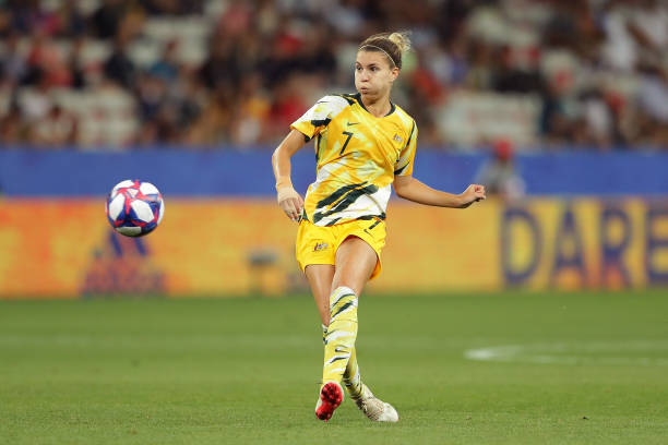 NICE, FRANCE - JUNE 22: Steph Catley of Australia in action during the 2019 FIFA Women's World Cup France Round Of 16 match between Norway and Australia at Stade de Nice on June 22, 2019 in Nice, France. (Photo by Richard Heathcote/Getty Images)