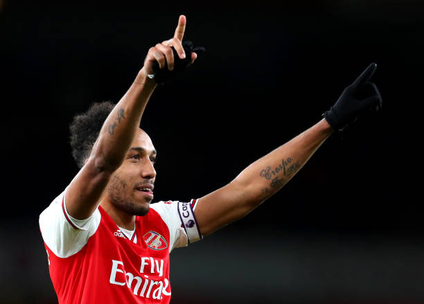Pierre-Emerick Aubameyang of Arsenal celebrates victory during the Premier League match between Arsenal FC and Everton FC at Emirates Stadium on February 23, 2020 in London, United Kingdom.
