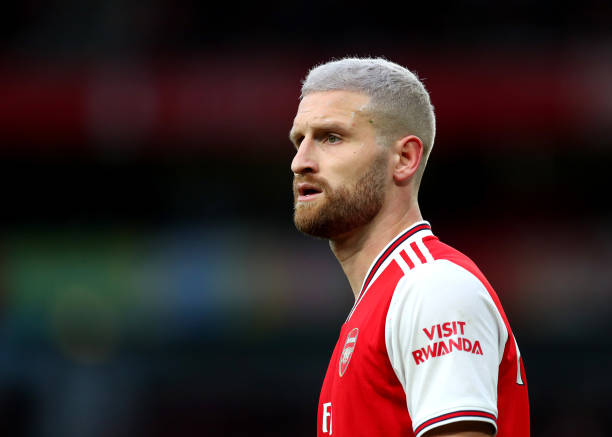Shkodran Mustafi of Arsenal looks on during the Premier League match between Arsenal FC and Everton FC at Emirates Stadium on February 23, 2020 in London, United Kingdom.