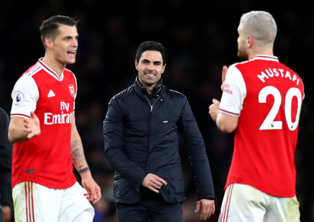 LONDON, ENGLAND - FEBRUARY 23: Granit Xhaka and Shkodran Mustafi of Arsenal in conversation at full-time during the Premier League match between Arsenal FC and Everton FC at Emirates Stadium on February 23, 2020 in London, United Kingdom. (Photo by Catherine Ivill/Getty Images)