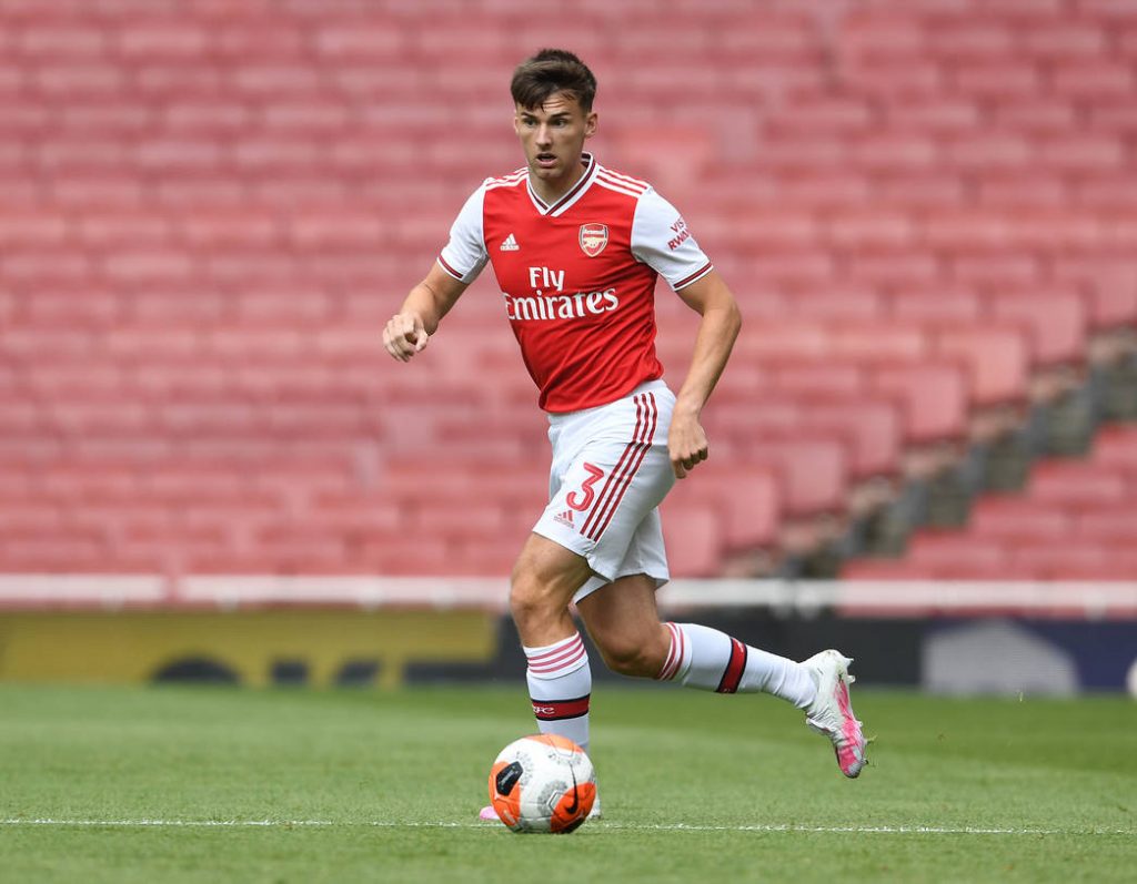 LONDON, ENGLAND - JUNE 06: Kieran Tierney of Arsenal during a friendly match between Arsenal and Charlton Athletic at Emirates Stadium on June 06, 2020 in London, England. (Photo by Stuart MacFarlane/Arsenal FC via Getty Images)