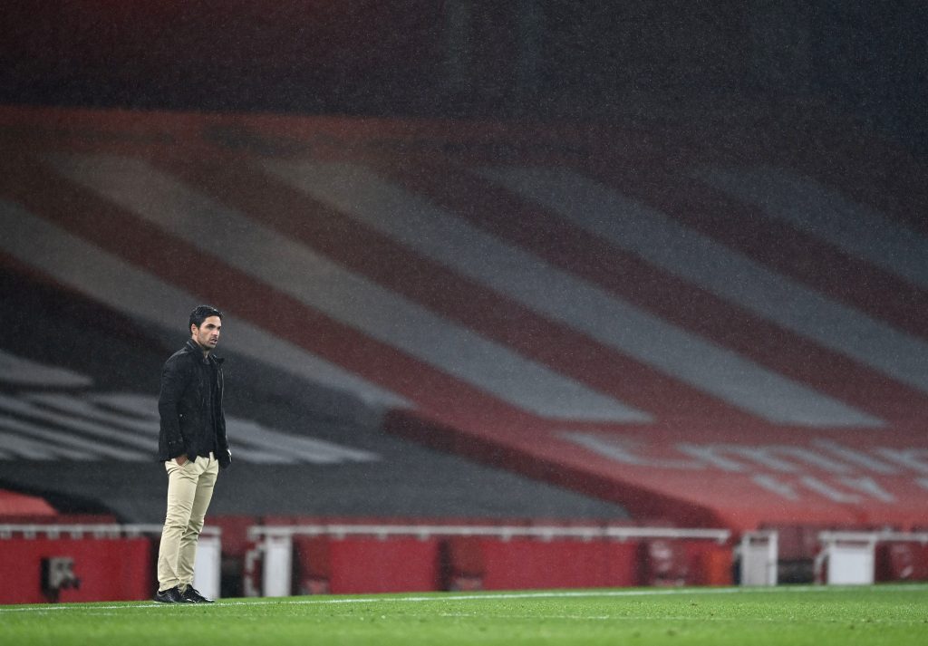 LONDON, ENGLAND - JULY 07: Mikel Arteta, Manager of Arsenal looks on during the Premier League match between Arsenal FC and Leicester City at Emirates Stadium on July 07, 2020 in London, England. Football Stadiums around Europe remain empty due to the Coronavirus Pandemic as Government social distancing laws prohibit fans inside venues resulting in all fixtures being played behind closed doors. (Photo by Shaun Botterill/Getty Images)