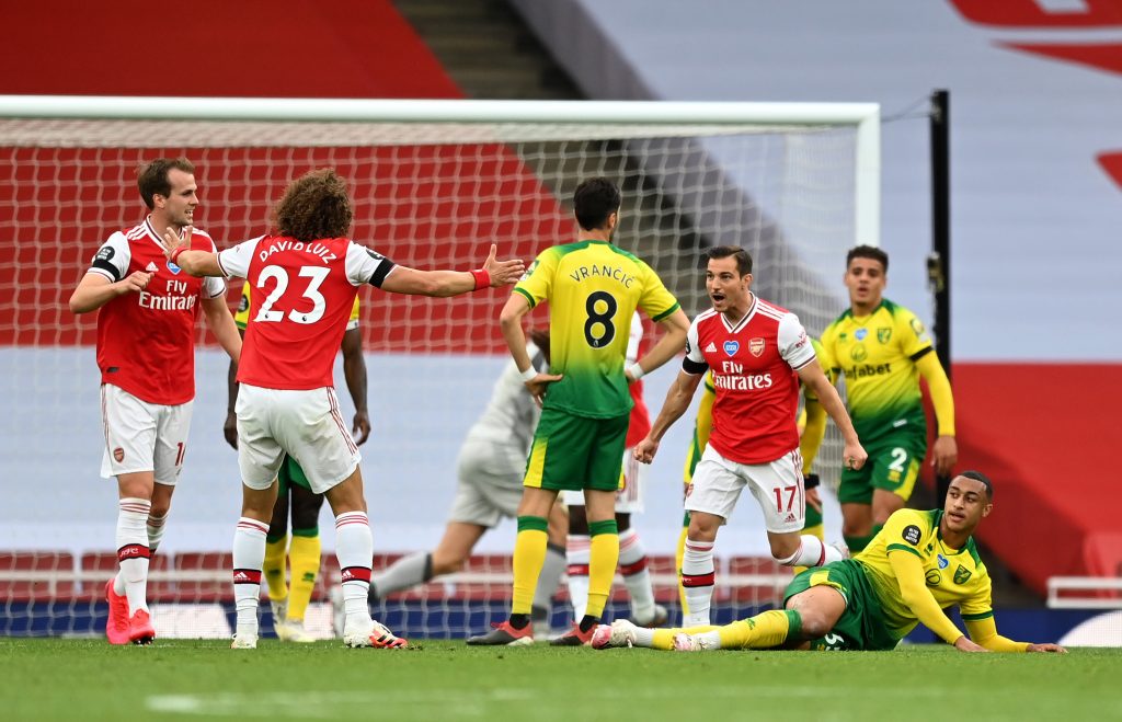 LONDON, ENGLAND - JULY 01: Cedric Soares of Arsenal celebrates after scoring the fourth goal during the Premier League match between Arsenal FC and Norwich City at Emirates Stadium on July 01, 2020 in London, England. (Photo by Shaun Botterill/Getty Images)