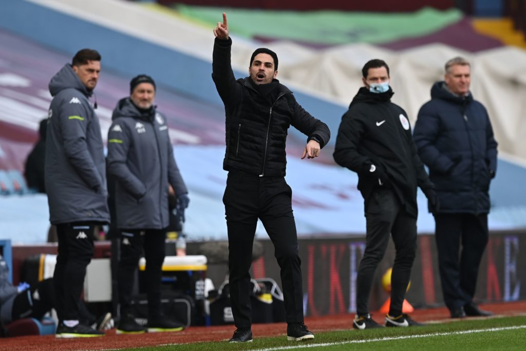 Arsenal's Spanish manager Mikel Arteta (C) gestures during the English Premier League football match between Aston Villa and Arsenal at Villa Park in Birmingham, central England on February 6, 2021. (Photo by Shaun Botterill / POOL / AFP)