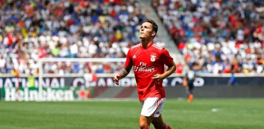 HARRISON, NJ - JULY 28: Alejandro Grimaldo #3 of Benfica celebrates scoring a goal against Juventus during the International Champions Cup 2018 match between Benfica and Juventus at Red Bull Arena on July 28, 2018 in Harrison, New Jersey. (Photo by Adam Hunger/Getty Images)