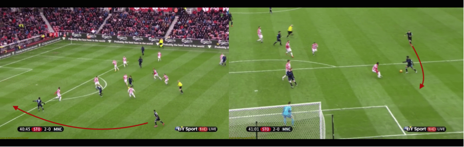 A Tale of Two Cities 3 Receiving the ball on the edge of the box, Sterling knows Kolarov will help him outnumber the right-back, so delays before laying the ball into the Serbian's path.