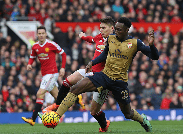 Player Focus: Welbeck Arsenal's only bright spark against Manchester United 2 Guillermo Varela of Manchester United in action with Danny Welbeck of Arsenal during the Barclays Premier League match between Manchester United and Arsenal at Old Trafford on February 28 2016 in Manchester, England. | Credit: John Peters