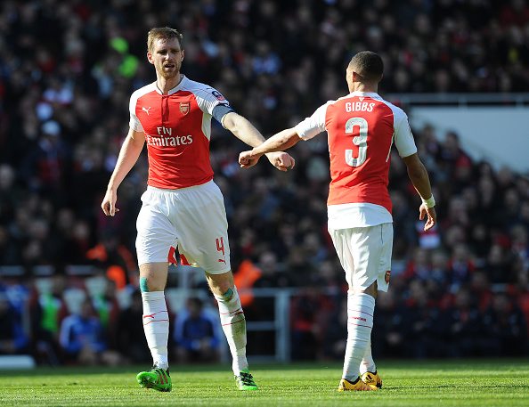 Player focus: Gibbs defensively industrious despite defeat 2 LONDON, ENGLAND - MARCH 13: Per Mertesacker and Kieran Gibbs of Arsenal during the match between Arsenal and Watford in the FA Cup 6th round at Emirates Stadium on March 13, 2016 in London, England. (Photo by David Price/Arsenal FC via Getty Images)