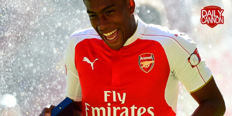 LONDON, ENGLAND - AUGUST 02: Alex Iwobi of Arsenal celebrates his team's 1-0 win in the FA Community Shield match between Chelsea and Arsenal at We...
