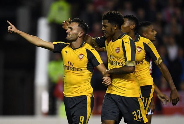 NOTTINGHAM, ENGLAND - SEPTEMBER 20: Lucas Perez (L) of Arsenal celebrates scoring his team's third goal with Chuba Akpom of Arsenal during the EFL Cup Third Round match between Nottingham Forest and Arsenal at City Ground on September 20, 2016 in Nottingham, England. (Photo by Shaun Botterill/Getty Images)
