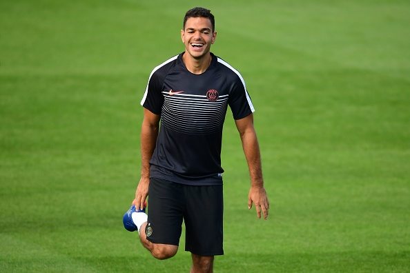 (LtoR) Paris Saint-Germain's forward Hatem Ben Arfa takes part in a training session on the eve of the UEFA Champions League football match  Paris-Saint Germain vs Arsenal, on September 12, 2016 at the Ooredoo training centre in Saint-Germain-en-Laye, outside Paris. / AFP / FRANCK FIFE        (Photo credit should read FRANCK FIFE/AFP/Getty Images)