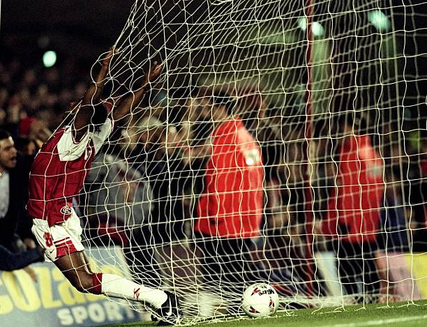 Arsenal legends: Ian Wright Wright Wright! 6 4 Dec 1996: Ian Wright of Arsenal runs into the back of the net during an FA Carling Premiership match against Southampton at Highbury in London. Arsenal won the match 3-1. Mandatory Credit: Mark Thompson/Allsport