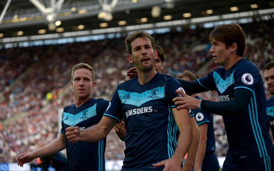 LONDON, ENGLAND - OCTOBER 01: Cristhian Stuani (C) of Middlesbrough celebrates scoring during the Premier League match between West Ham United and Middlesbrough at London Stadium on October 1, 2016 in London, England. (Photo by James Griffiths / West Ham United via Getty Images) 