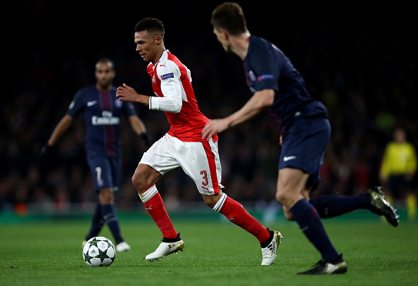 LONDON, ENGLAND - NOVEMBER 23: Kieran Gibbs of Arsenal in action during the UEFA Champions League Group A match between Arsenal FC and Paris Saint-Germain at the Emirates Stadium on November 23, 2016 in London, England. (Photo by Julian Finney/Getty Images)