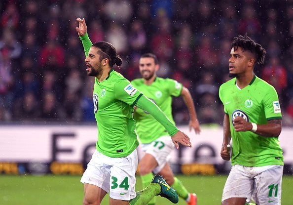 FREIBURG GERMANY - NOVEMBER 5: Ricardo Rodriguez (L) of VFL Wolfsburg celebrates his goal during the Bundesliga match between Sport Club Freiburg and VfL Wolfsburg at Schwarzwald-Stadion on November 5, 2016 in Freiburg, Germany. (Photo by Michael Kienzler/Bongarts/Getty Images)