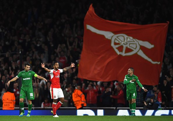 LONDON, ENGLAND - OCTOBER 19: Playing with new-found confidence, Walcott netted a well-taken brace during Arsenal's comprehensive 6-0 home victory in the Champions League group stages over Ludogorets. (Photo by Mike Hewitt/Getty Images)