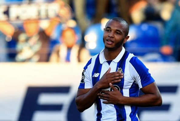 Porto's Algerian midfielder Yacine Brahimi celebrates after scoring during the Portuguese league football match CD Feirense vs FC Porto at Marcolin...