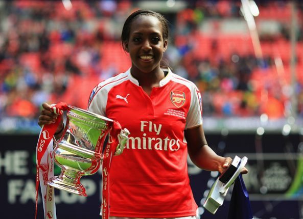 LONDON, UNITED KINGDOM - MAY 14: Winning goalscorer Danielle Carter of Arsenal celebrates with the trophy after the SSE Women's FA Cup Final betwee...