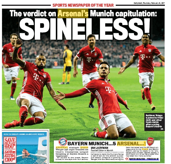 How the back pages dealt with Arsenal's embarrassment 2 170216 daily mail arsenal spineless