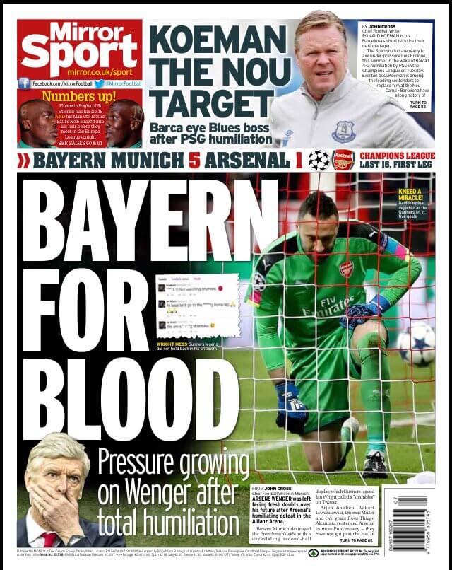 How the back pages dealt with Arsenal's embarrassment 10 170216 daily mirror