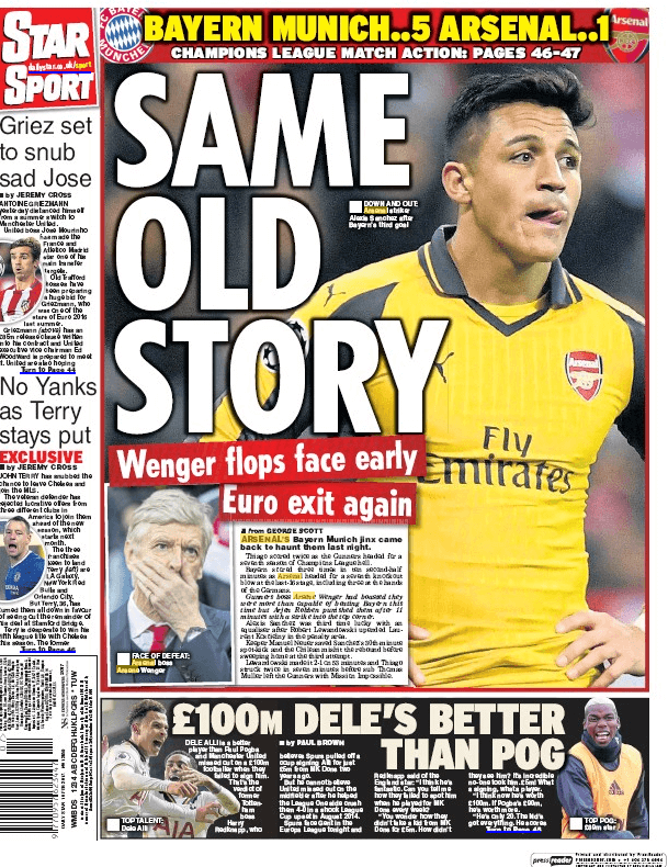 How the back pages dealt with Arsenal's embarrassment 3 170216 daily star