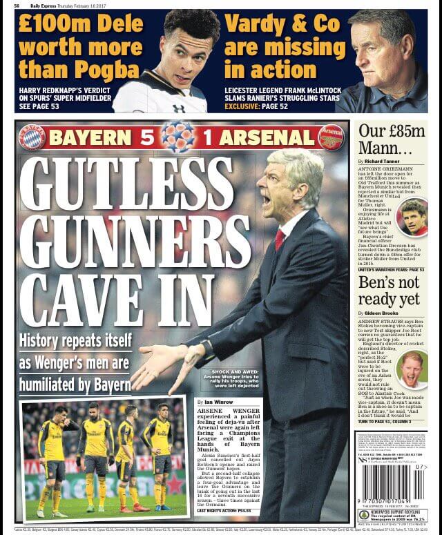 How the back pages dealt with Arsenal's embarrassment 8 170216