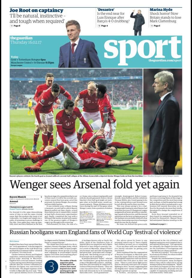 How the back pages dealt with Arsenal's embarrassment 5 170216 guardia