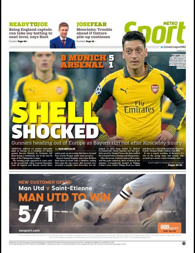 How the back pages dealt with Arsenal's embarrassment 11 170216 metro