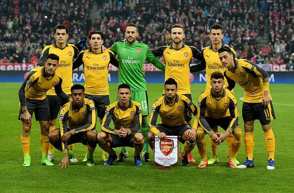Arsenal eye statement win against Bayern Munich 2 MUNICH, GERMANY - FEBRUARY 15: The team of Arsenal lines up before the UEFA Champions League Round of 16 first leg match between FC Bayern Muenchen and Arsenal FC at Allianz Arena on February 15, 2017 in Munich, Germany. (Photo by Matthias Hangst/Bongarts/Getty Images)