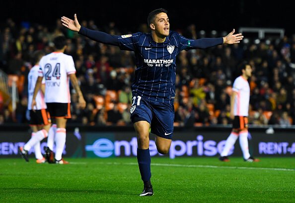 VALENCIA, SPAIN - DECEMBER 04: Pablo Fornals of Malaga CF celebrates after scoring his team's first goal during the La Liga match between Valencia ...