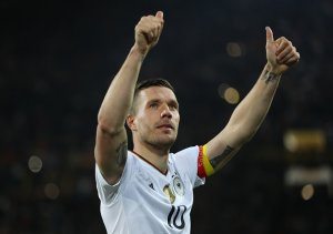 DORTMUND, GERMANY - MARCH 22: Lukas Podolski of Germany shows appreciation to the fans after his last international match for Germany after the international friendly match between Germany and England at Signal Iduna Park on March 22, 2017 in Dortmund, Germany. (Photo by Maja Hitij/Bongarts/Getty Images)