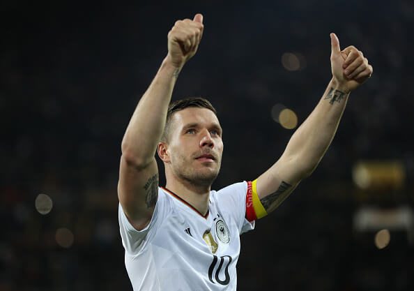 DORTMUND, GERMANY - MARCH 22: Lukas Podolski of Germany shows appreciation to the fans after his last international match for Germany after the international friendly match between Germany and England at Signal Iduna Park on March 22, 2017 in Dortmund, Germany. (Photo by Maja Hitij/Bongarts/Getty Images)