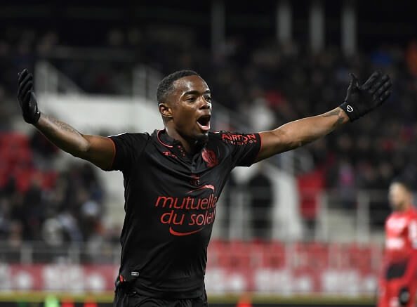 Nice's French midfielder Wylan Cyprien celebrates after scoring a goal during the French L1 football match Dijon (DFCO) against OGC Nice on March 4...