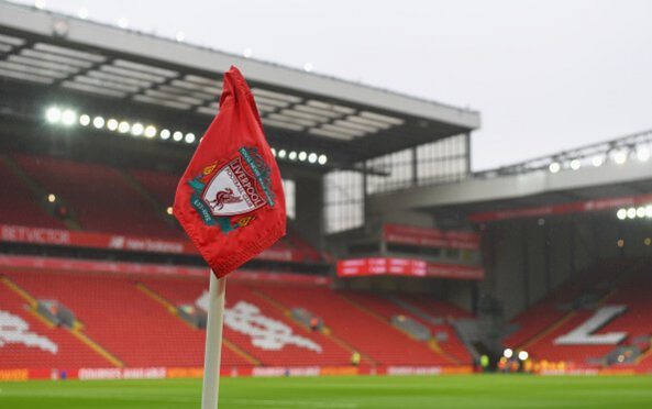 LIVERPOOL, ENGLAND - MARCH 12: A general view a corner flag inside the stadium prior to during the Premier League match between Liverpool and Burnl...