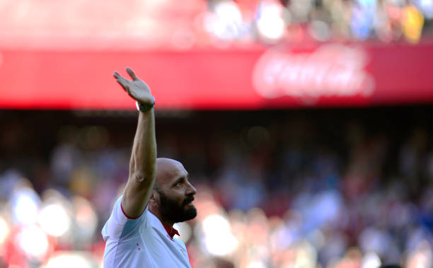 Former sports director of Sevilla Ramon Rodriguez Berdejo 'Monchi' bids goodbye to club supporters before the Spanish league football match Sevilla...