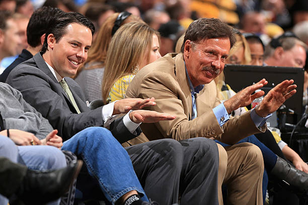 DENVER, CO - APRIL 20: (L-R) Denver Nuggets President Josh Kroenke and his father Stan Kroenke, the owner of the Denver Nuggets offer praise for Ro...