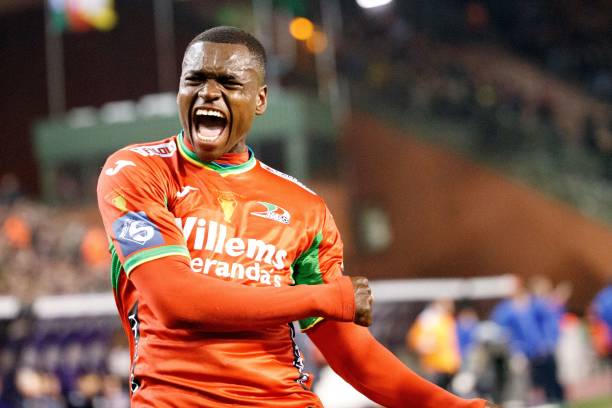 Oostende's Congolese forward Landry Nany Dimata celebrates after scoring the opening goal during the Croky Cup soccer final SV Zulte Waregem vs KV ...