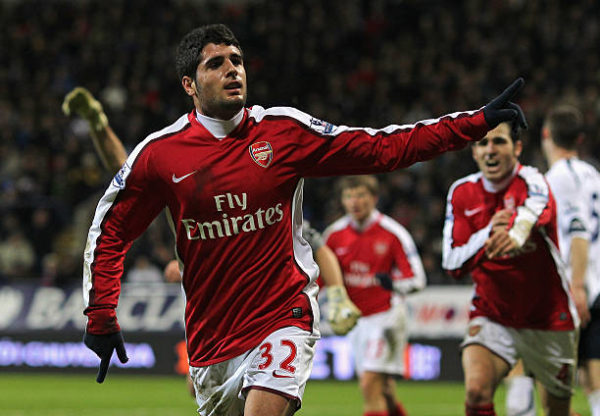 BOLTON, ENGLAND - JANUARY 17: Fran Merida of Arsenal celebrates scoring his team's second goal during the Barclays Premier League match between Bol...