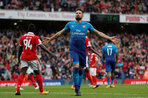 Top 10 Arsenal strikers under Arsene Wenger 2 Arsenal's French striker Olivier Giroud celebrates scoring their fourth goal during the pre-season friendly football match between Arsenal and Benfica at The Emirates Stadium in north London on July 29, 2017. (IAN KINGTON/AFP/Getty Images)