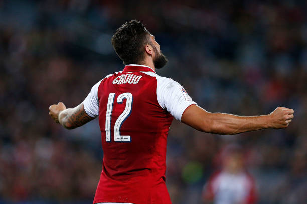 SYDNEY, AUSTRALIA - JULY 15: Olivier Giroud of Arsenal celebrates scoring a goal during the match between the Western Sydney Wanderers and Arsenal ...