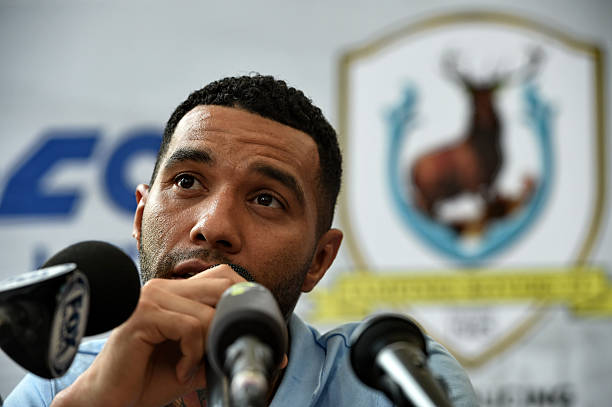 Former Arsenal and Liverpool winger Jermaine Pennant speaks to reporters