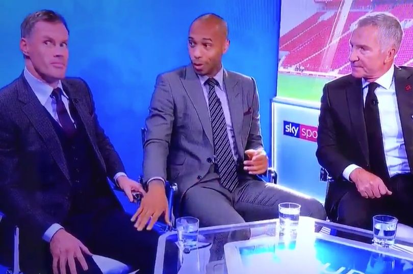 Jamie Carragher and Thierry henry reenact the famous hand on the leg sequence