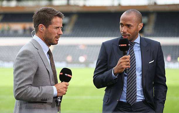 HULL, ENGLAND - AUGUST 13: Sky Sports presenters Thierry Henry and Jamie Redknapp during the Premier League match between Hull City and Leicester C...