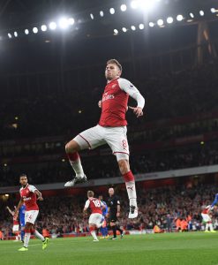 LONDON, ENGLAND - AUGUST 11: Aaron Ramsey celebrates scoring Arsenal's 3rd goal during the Premier League match between Arsenal and Leicester City at Emirates Stadium on August 11, 2017 in London, England. (Photo by David Price/Arsenal FC via Getty Images)