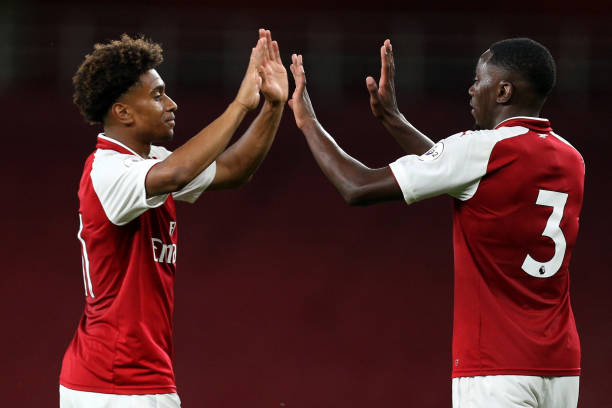 Reiss Nelson of Arsenal celebrates scoring his sides fourth goal with Josh Da Silva of Arsenal